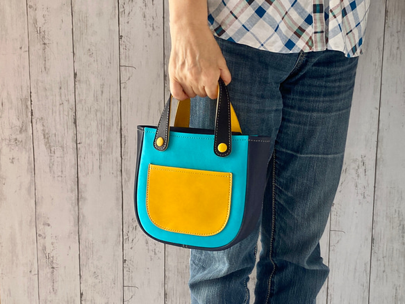 カラフルトートS　本革　ターコイズ／ネイビー／イエロー　３色 17枚目の画像
