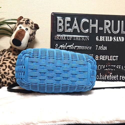 再)クラフトバンド＊かごバッグショルダーM/ブルー×ブラック かご