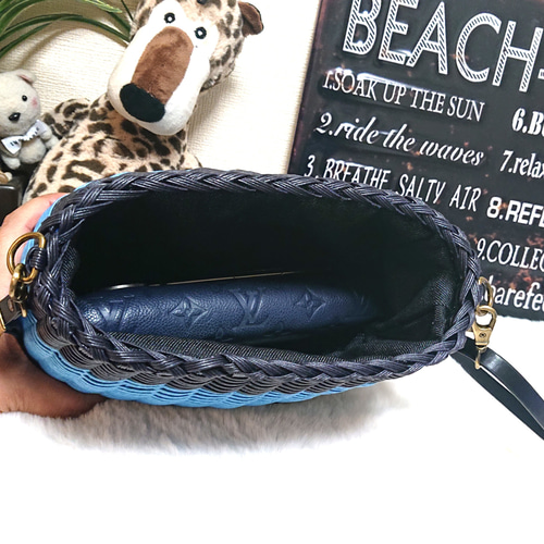 再)クラフトバンド＊かごバッグショルダーM/ブルー×ブラック かご