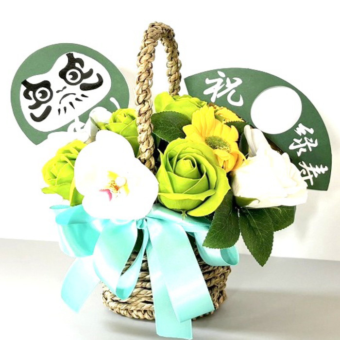 緑寿 花 ソープフラワー 花かご 薔薇 11本 フラワーバスケット 緑寿ギフト 還暦祝い