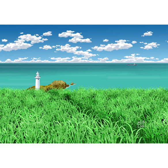 灯台が見えた」 草原 爪木崎灯台 経ヶ岬灯台 貨物船 イラスト イラスト