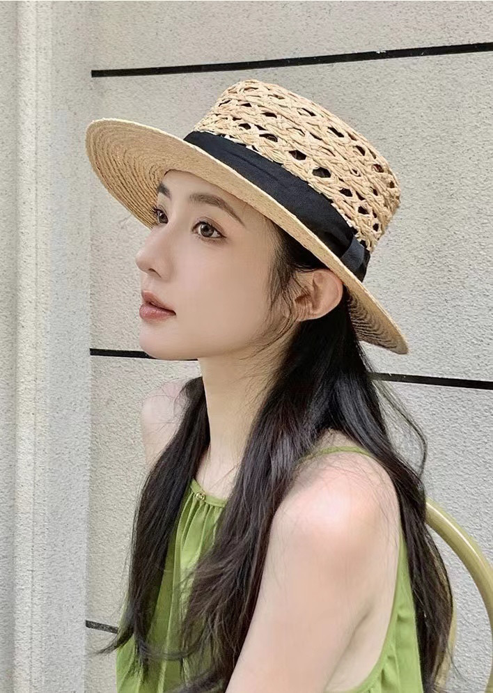 ラフィアハット、麦わら帽子  切り抜き織り 夏帽子 大人 ストローハット、ミディアムブリム 日よけ・UV対策 サイズ調節