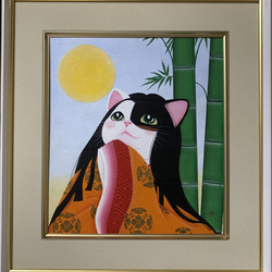 猫  cat アクリル画 原画 額装品 原画】「竹取物語」猫のアクリル画 絵画 猫心～にゃんはーと