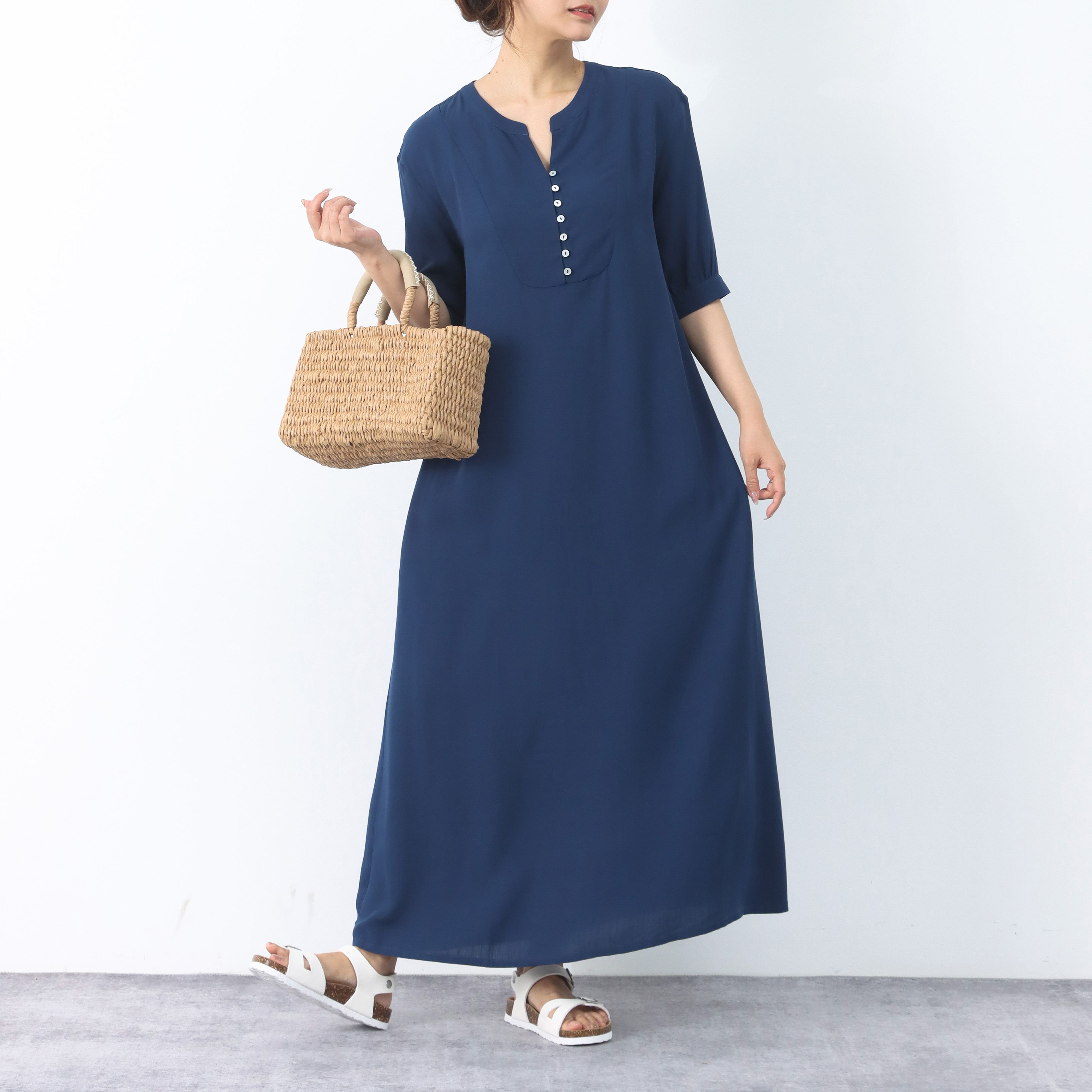 裾上げ無料♪サイズオーダー可♪冷感　夏生地　半袖　ロングワンピース