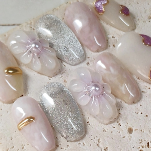 ネイルチップ お上品/お呼ばれ/ブライダル/ニュアンス/ぷっくり