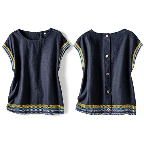 【Alanui】リネンTシャツ 裾に刺繍リネンTシャツ 後ろボタンデザイン 丸襟リネンTシャツ