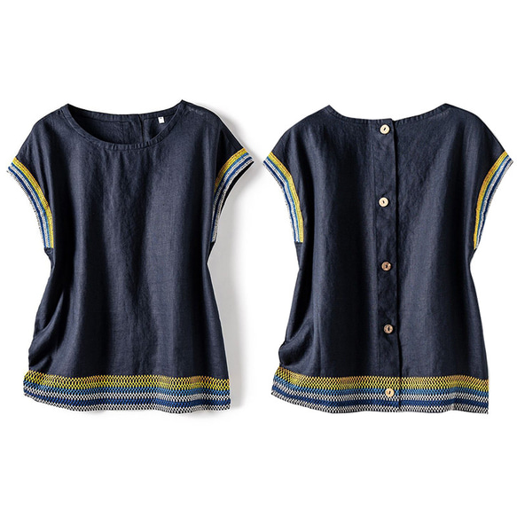 裾に刺繍リネンTシャツ 後ろボタンデザイン 丸襟リネンTシャツ