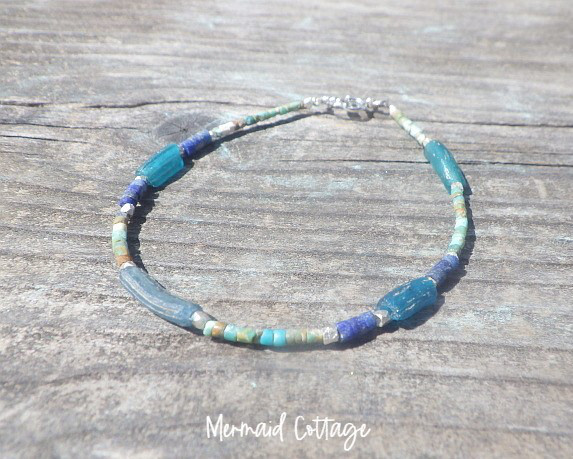 *sv925*Ocean Blue ローマングラスとターコイズ＆カレンシルバーの華奢ブレスレット