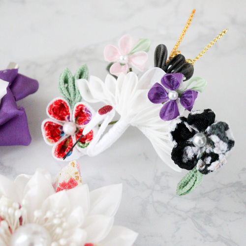 つまみ細工髪飾り ピンク 紫 羽二重 ちりめん 着物の髪飾り 和装髪飾り  