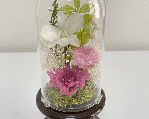 プリザーブドフラワー仏花　ガラスドーム入り　シャーベットピンク　一対　お供え 5cd0a157df28acacf80c6eb2e50f9a