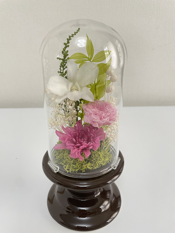 プリザーブドフラワー仏花　ガラスドーム入り　シャーベットピンク　一対　お供え プリザーブドフラワー ガラスドーム入り仏花 シャーベットピンクカラー
