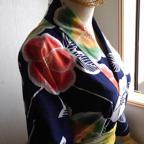 和洋折衷ティアードワンピース浴衣☆兵児帯オマケ付き☆紺・花