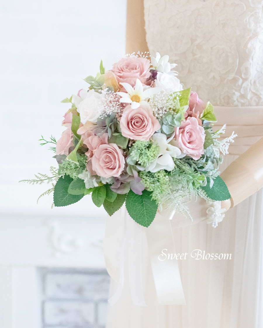 【オーダーメイド】プリザーブドフラワー　アンティークピンクのナチュラルブーケ・ブートニア・ヘッドパーツ3点セット