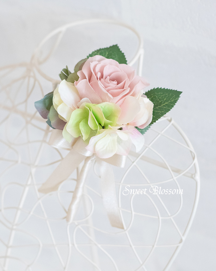 【オーダーメイド】プリザーブドフラワー　アンティークピンクのナチュラルブーケ・ブートニア・ヘッドパーツ3点セット