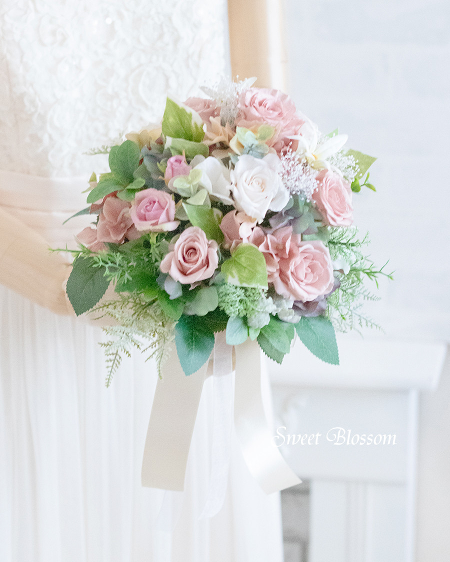 【オーダーメイド】プリザーブドフラワー　アンティークピンクのナチュラルブーケ・ブートニア・ヘッドパーツ3点セット