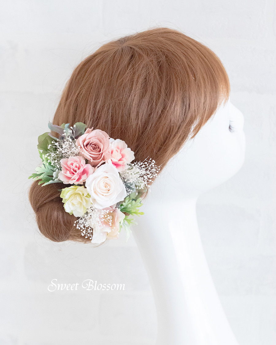 【オーダーメイド】プリザーブドフラワー　アンティークピンクのナチュラルブーケ・ブートニア・ヘッドパーツ3点セット