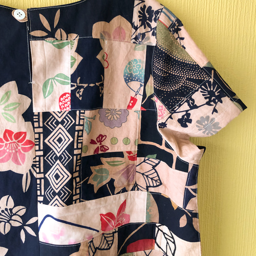 柿渋染め 浴衣地リメイク Aライン パッチワーク 半袖ブラウス ブラウス  