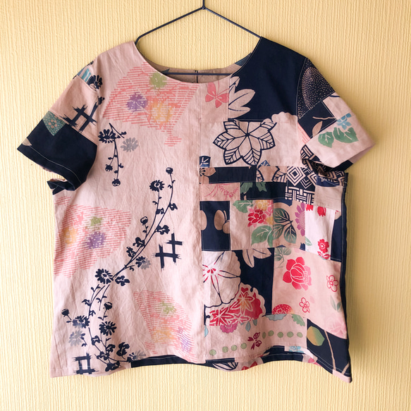柿渋染め 浴衣地リメイク Aライン パッチワーク 半袖ブラウス ブラウス  