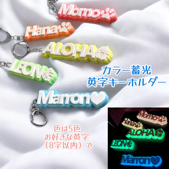 3D英字キーホルダー　オーダーメイド　カラー蓄光5色(夜光)　アルファベット 名入れ 文字入れ ８文字まで 1枚目の画像