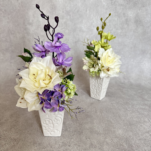 モダン仏花 造花 パープル 紫 グリーン アーティフィシャルフラワー