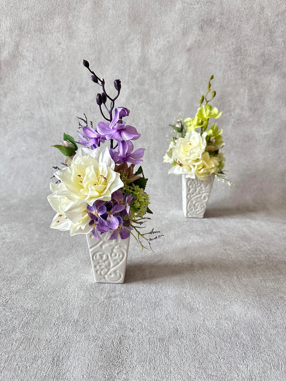 モダン仏花 造花 パープル 紫 グリーン アーティフィシャルフラワー