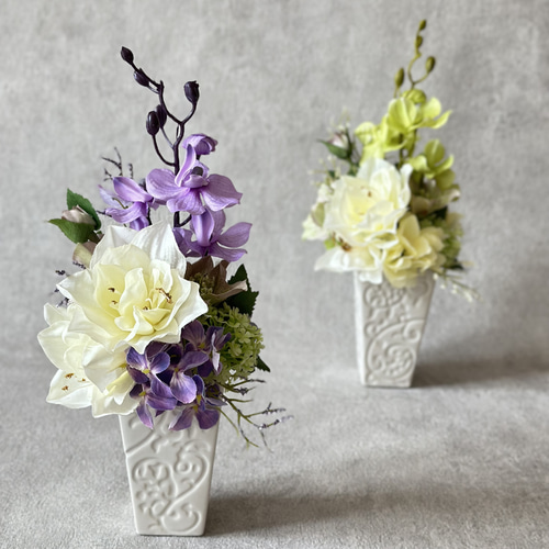モダン仏花 造花 パープル 紫 グリーン アーティフィシャルフラワー