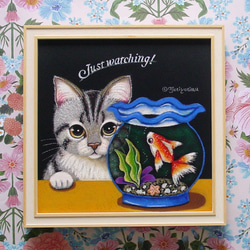 絵画　油絵　原画　アート　一点物　金魚　水色　ポップ　キュート　SM 金魚のオリジナル油絵、水中壁アート、額入りアートワーク 30x30
