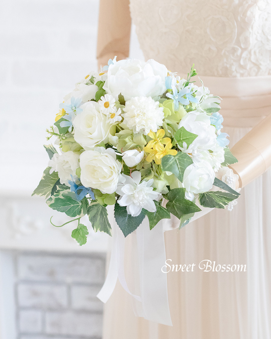 【オーダーメイド】ホワイト＆グリーンのナチュラルブーケ＆ブートニア