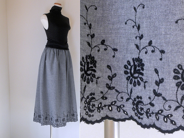 [シームポケット]スカラップレースのガウチョパンツ・黒刺繍