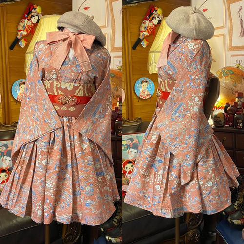 和洋折衷 単衣着物 ミニ丈 ワンピース ドレス 2部式作り帯 リボン付き