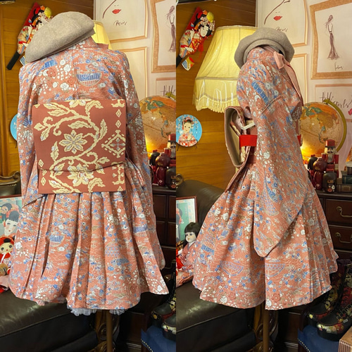 和洋折衷 単衣着物 ミニ丈 ワンピース ドレス 2部式作り帯 リボン付き