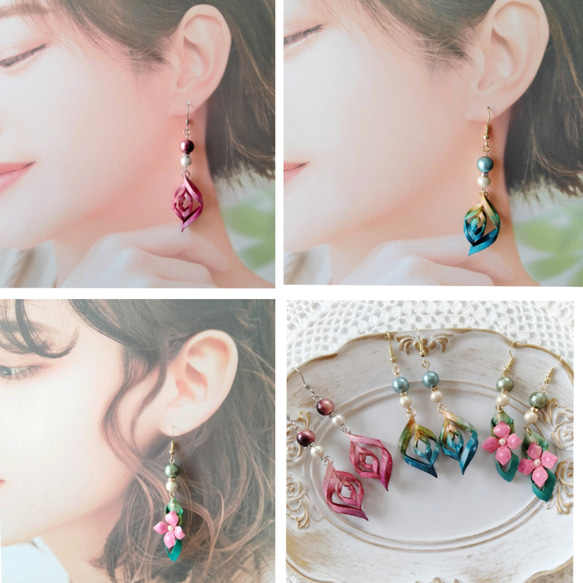 本革】超軽量 育てるロングピアス/イヤリング コットンパールと手染め 