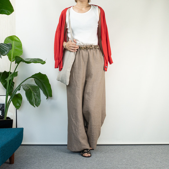 ラミーリネンの足長ワイドパンツ 【M・ミルクティー・フル