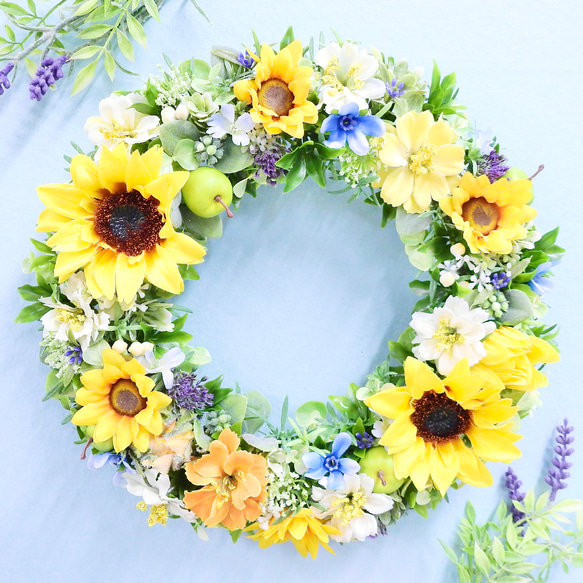 ひまわりのリース　ご注文承ります♪ 夏のひまわりリース【直径約16cm 】 | Atelier SAKI アトリエ咲
