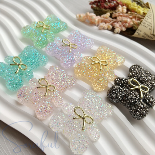 2個】クリスタルなリボンくまちゃん キラキラパーツ オーロラ加工