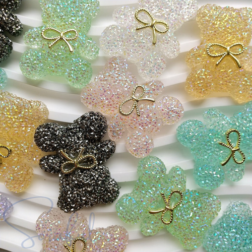 2個】クリスタルなリボンくまちゃん キラキラパーツ オーロラ加工