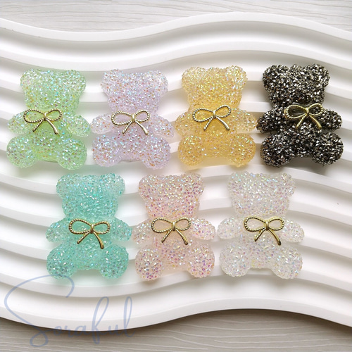 2個】クリスタルなリボンくまちゃん キラキラパーツ オーロラ加工