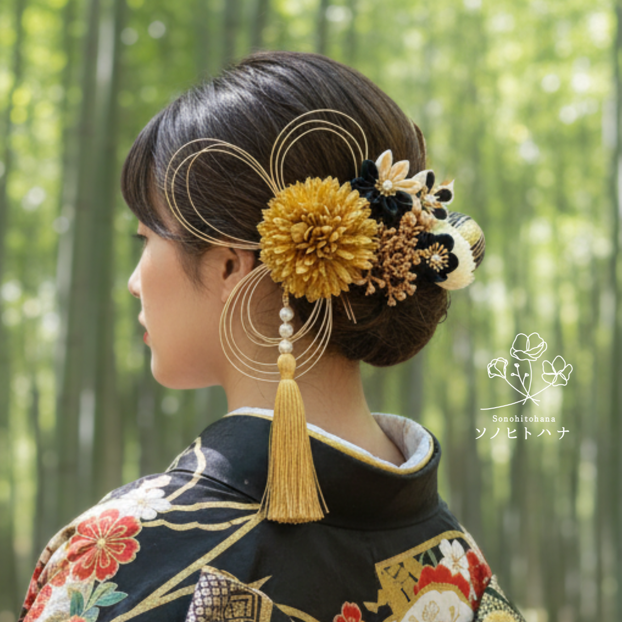 【成人式・卒業式】黒×ゴールド つまみ細工の髪飾り｜振袖・袴・和装・色打掛　KA-2403BL