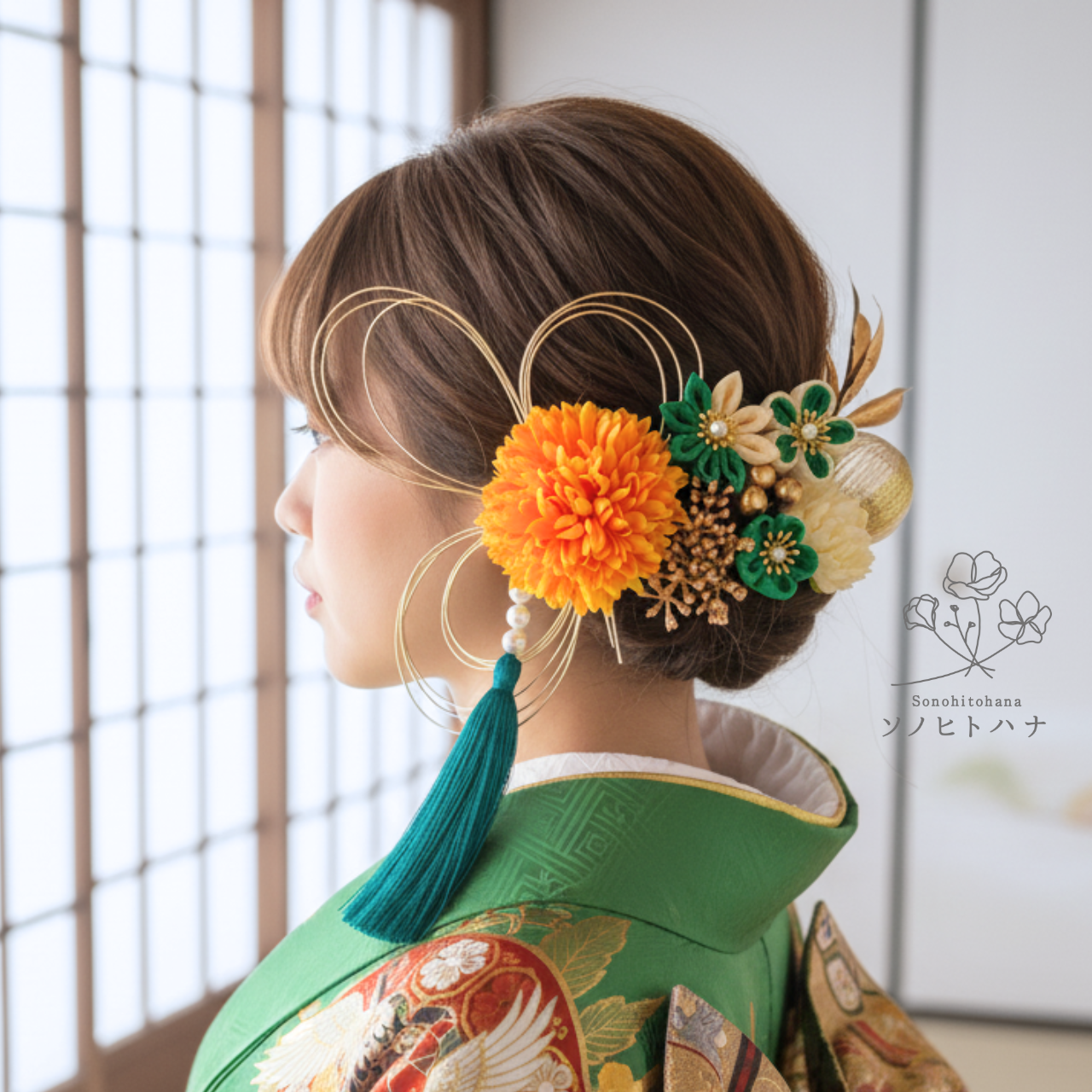 【成人式・卒業式】緑×ゴールド つまみ細工の髪飾り｜振袖・袴・和装・色打掛　KA-2403G