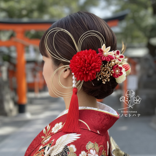 成人式・卒業式】赤×ゴールド つまみ細工の髪飾り｜振袖・袴・和装・色