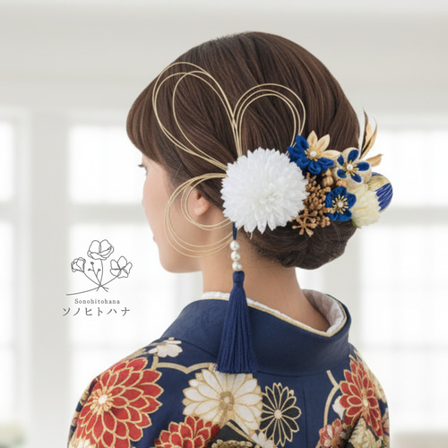 成人式・卒業式】青×ゴールド つまみ細工の髪飾り｜振袖・袴・和装・色