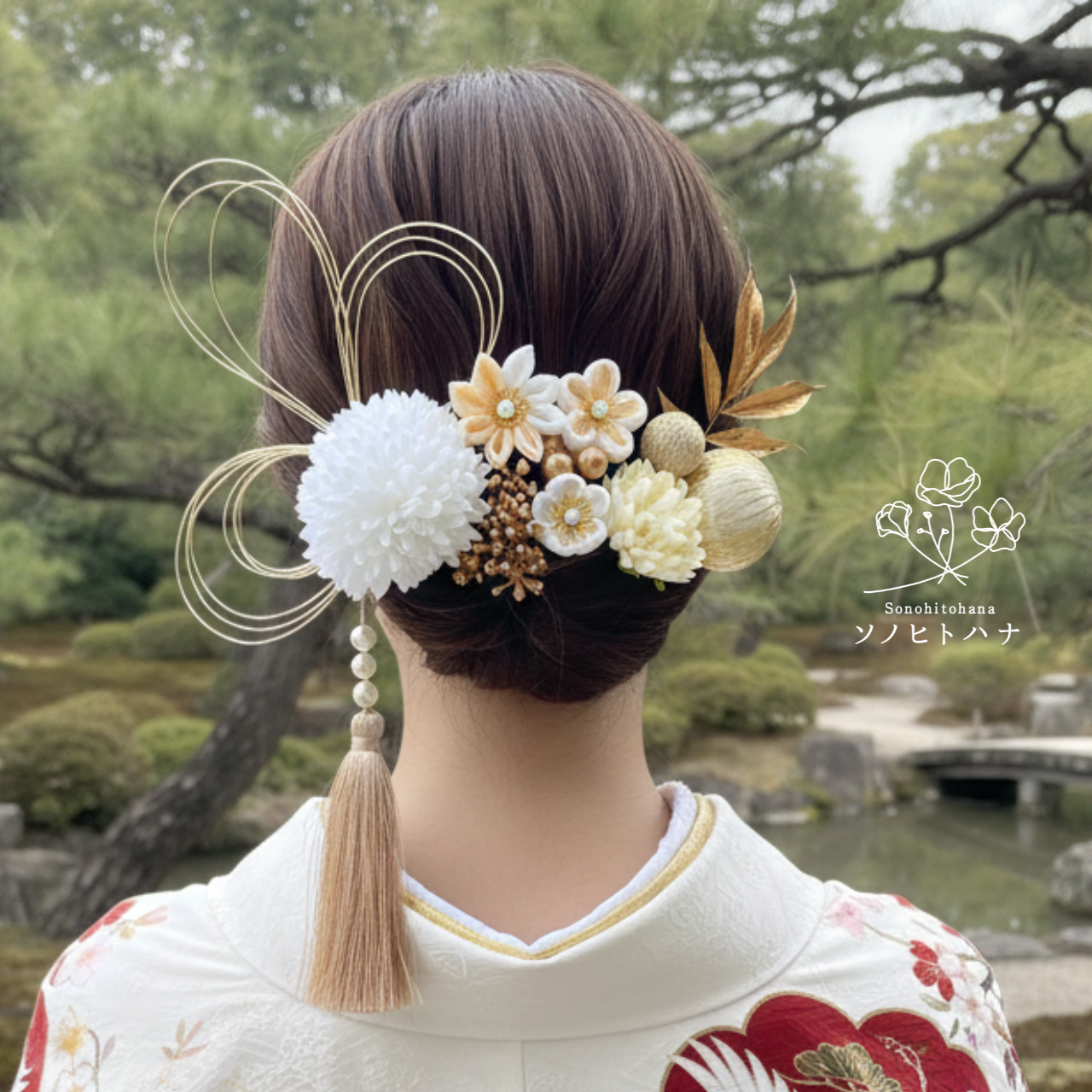 【成人式・卒業式】白×ゴールド つまみ細工の髪飾り｜振袖・袴・和装・色打掛　KA-2403W