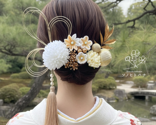 成人式・卒業式】白×ゴールド つまみ細工の髪飾り｜振袖・袴・和装・色