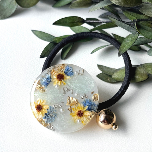 レジンヘアゴム ひまわり 夏 ゴールド ホワイト イエロー グリーン