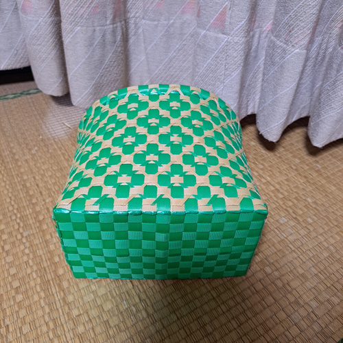 PPバンドかご(模様編み はけご 小)収穫かご、プラカゴ 模様b-緑