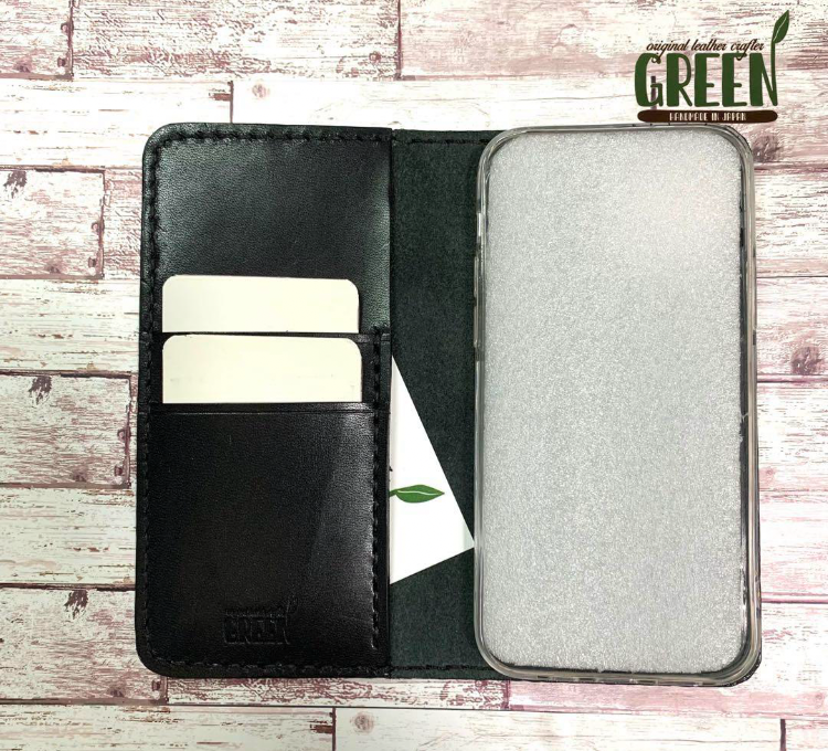 2枚ポケット付き 栃木レザー　ブラック　シンプルiPhoneケース　スマホケース　手帳型　本革　２枚ポケット付