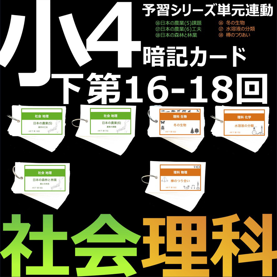 中学受験 暗記カード【4年下 社会・理科16-18回セット】 組分けテスト対策