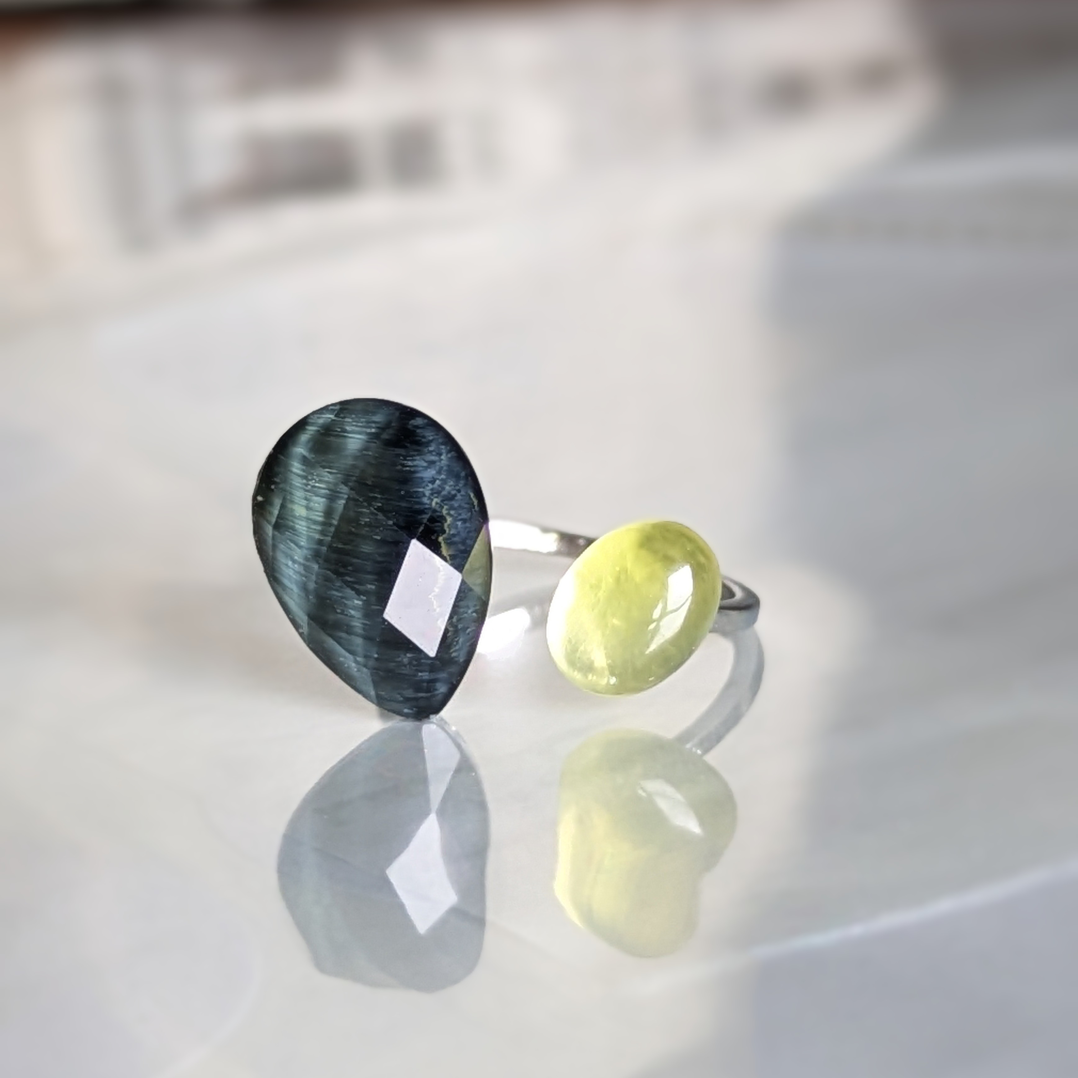 金アレOK‼ 天然石ブルータイガーアイ＆イエロープレナイトサージカルステンレスSUS316Lフォークリング