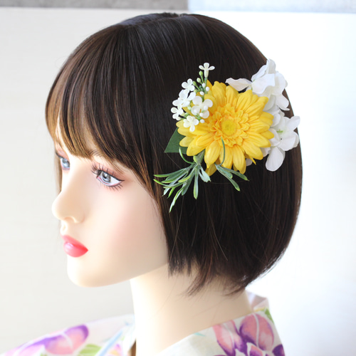 イエローガーベラとアジサイ、草花の髪飾り＊ヘアクリップ＊ショートへ  