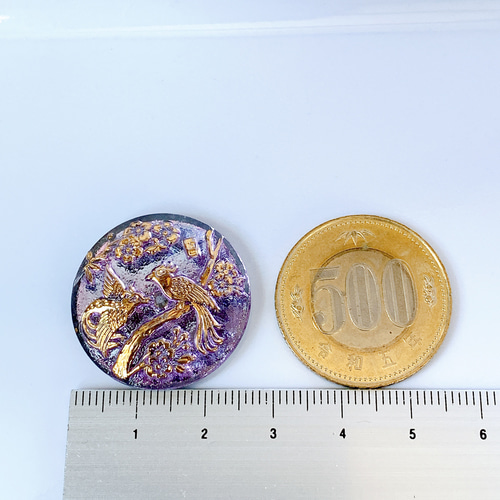 チェコガラスカボション 鳳凰 ピンク/水色/ゴールド 27mm